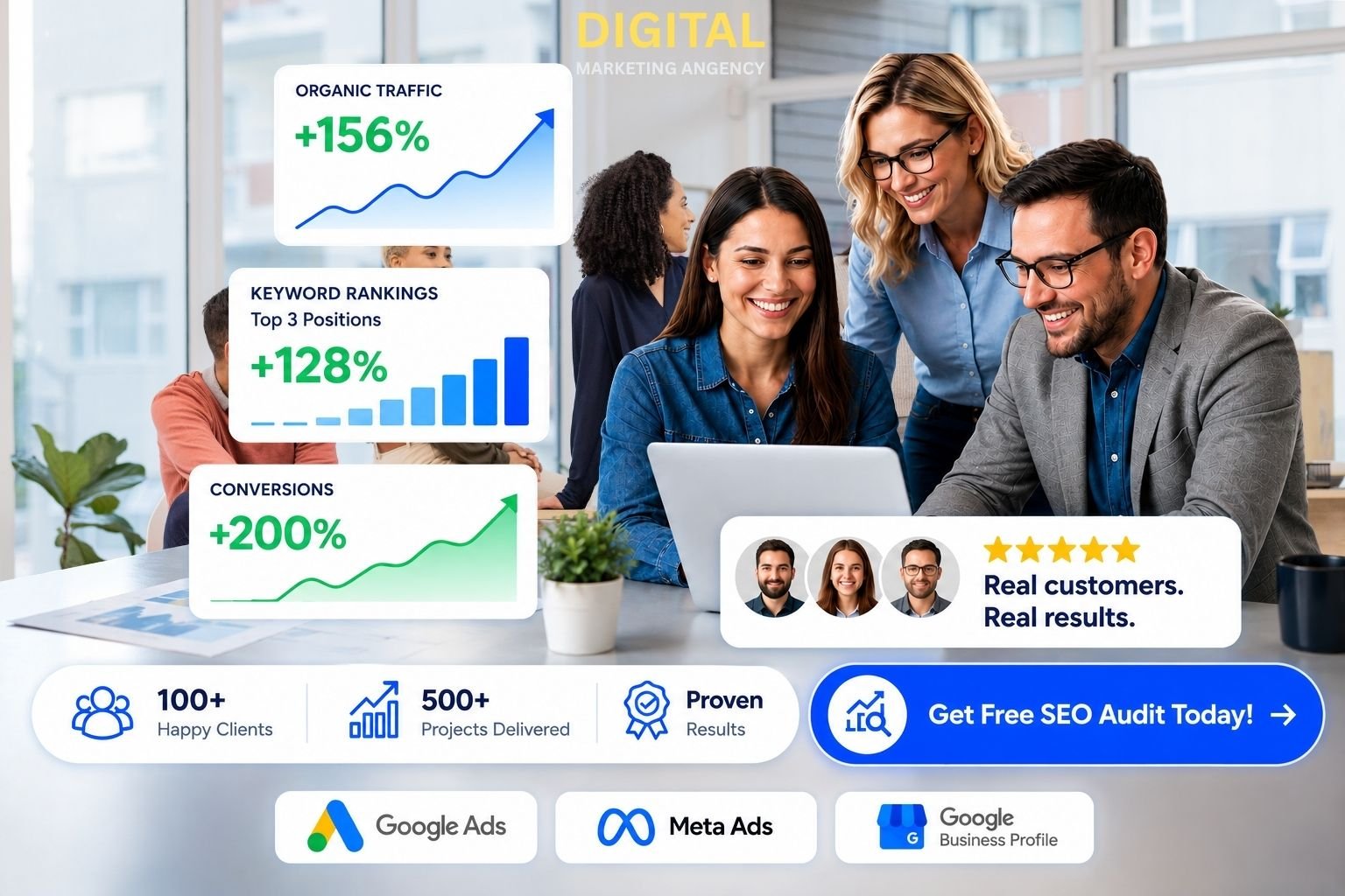 ai and human generated imaage of SEO experts helping businesses grow online